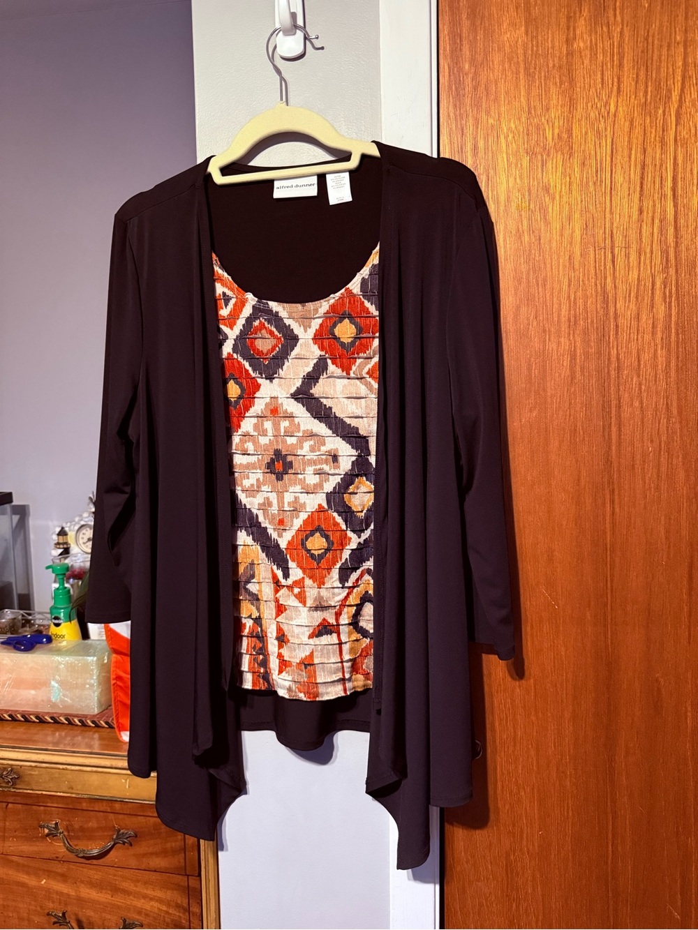 Alfred Dunner Black Layered Open Cardigan with Geometric Printed Tank